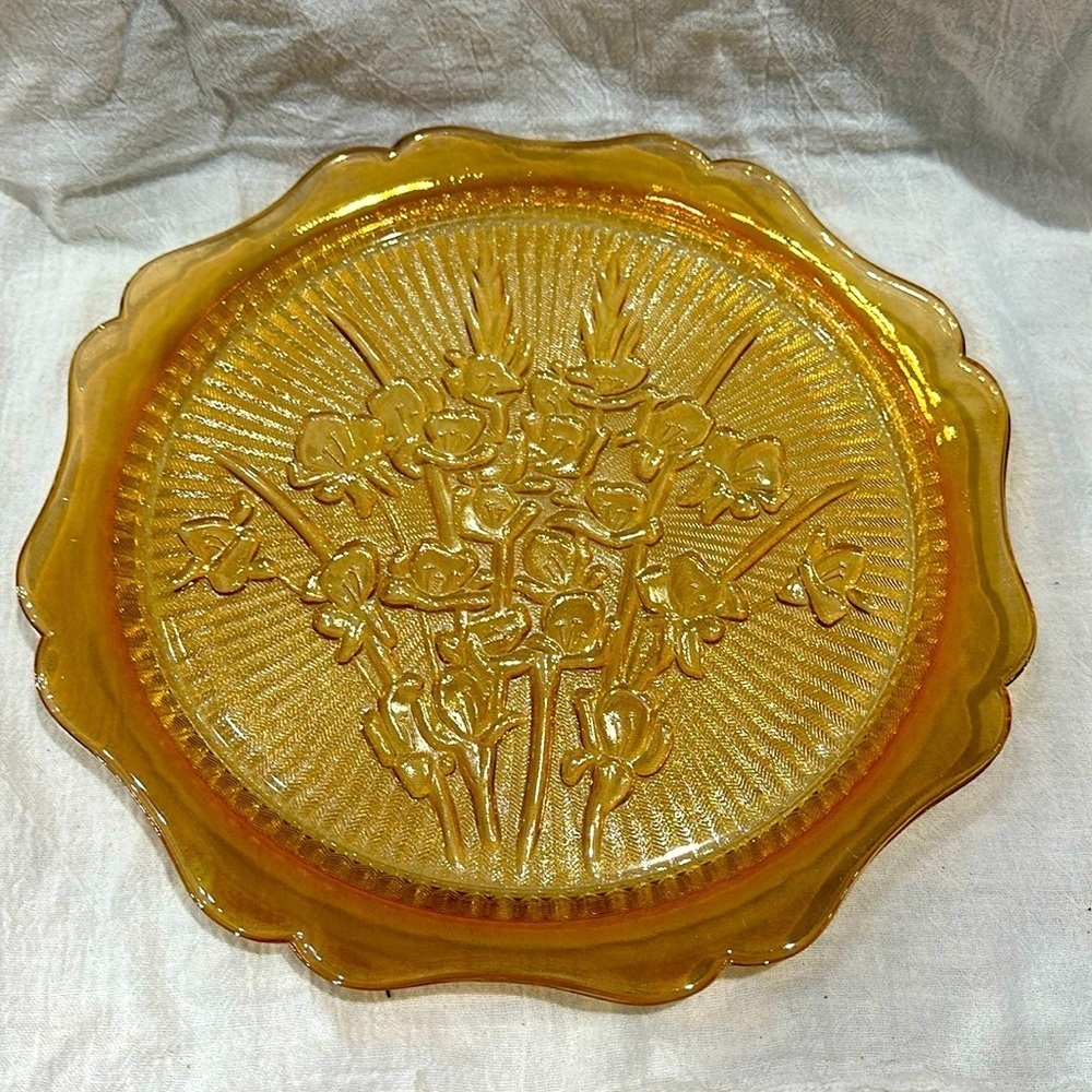 Jeannette Glass IRIS AND HERRINGBONE Marigold Iridescent serving platter 12”